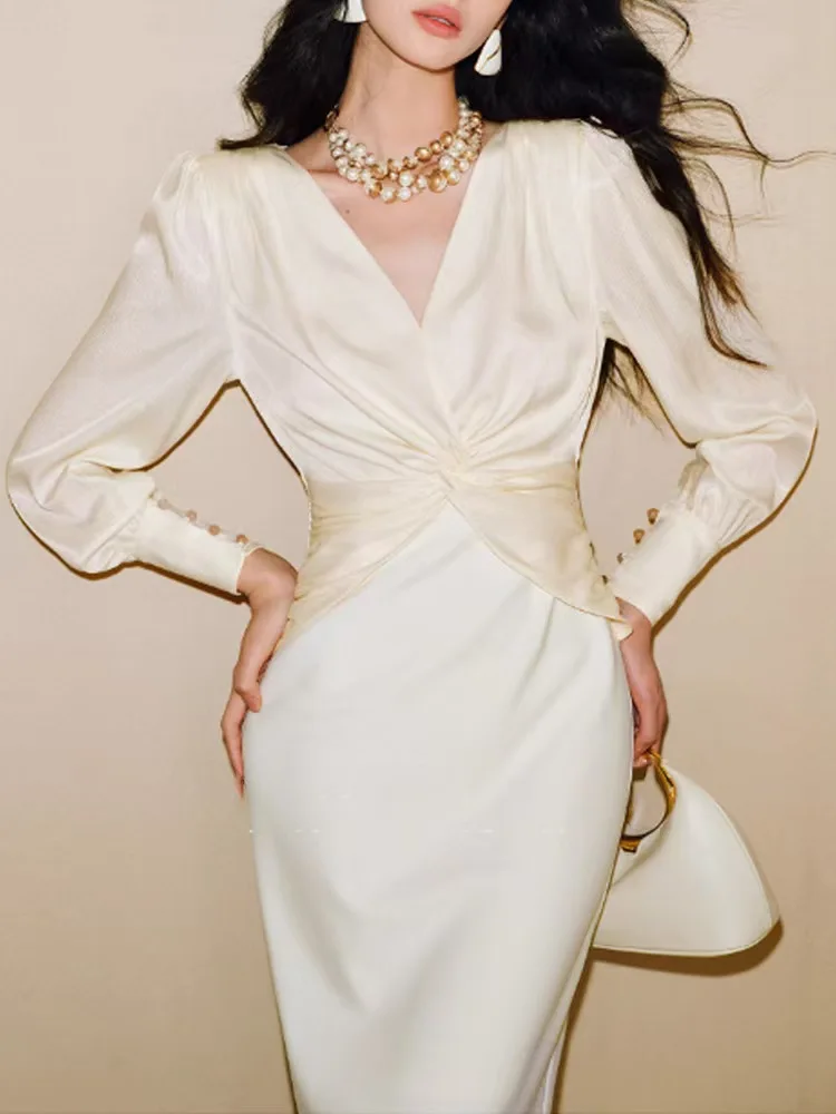 Customized temperamental V-neck satin and four-sided elastic patchwork, a simple and elegant goddess dress for formal occasions