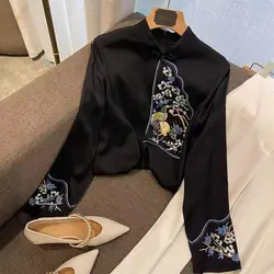 Spring Autumn New Fashion Stand Collar Solid Color Embroidery Blouses Women's Clothing Frog Long Sleeve Temperament Thin Shirts