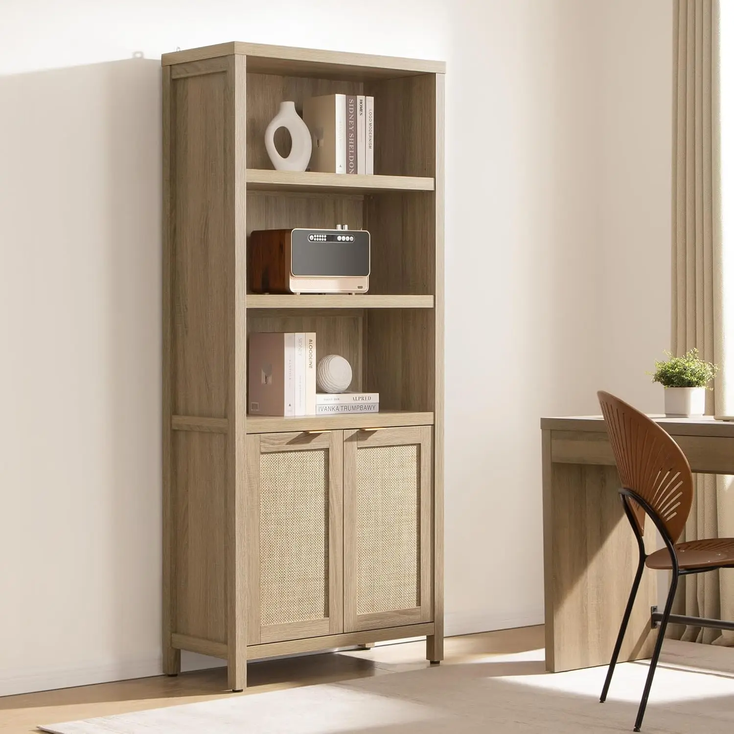 Bookcase 71" Tall Bookshelf 5 Tier Rattan Boho Bookcase with Doors Storage Large Book Case Shelf Farmhouse Bookshelves