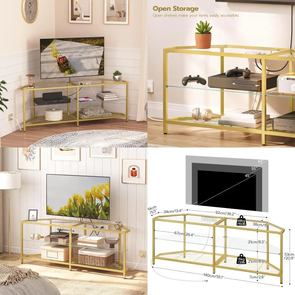

Modern Corner TV Stand with Power Outlet, 55-Inch Console Table with Tempered Glass and Open Shelves