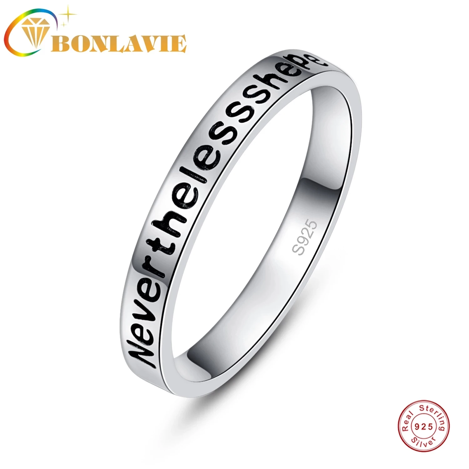 BONLAVIE 3MM 925 Sterling Silver Ring Lettering Nevertheless she persisted Women's Fine Wedding Bands Rings