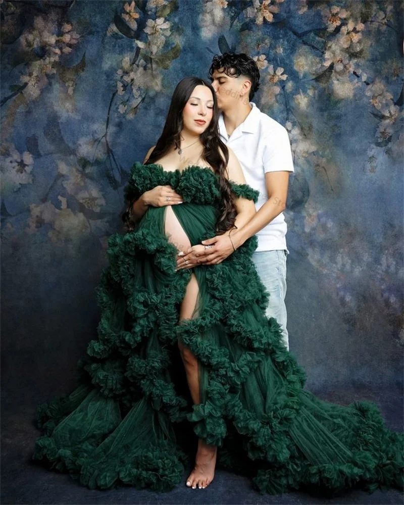 

Green Maternity Dress Photography Sexy Strap Sleeveless Bride Robe Ruffles Tiered Tulle Pregnant Prom Gowns Customized For Photo