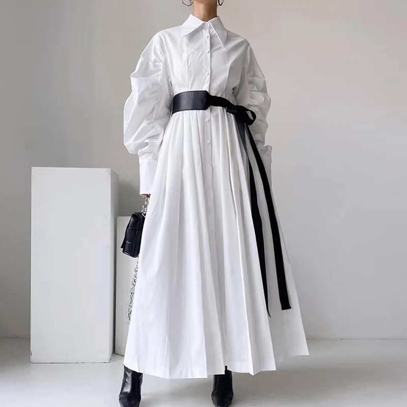 

SuperAen 2024 Korean Chic Spring Pointed Collar Pleated Patchwork High Waisted Pleated Shirt Dress with Belt
