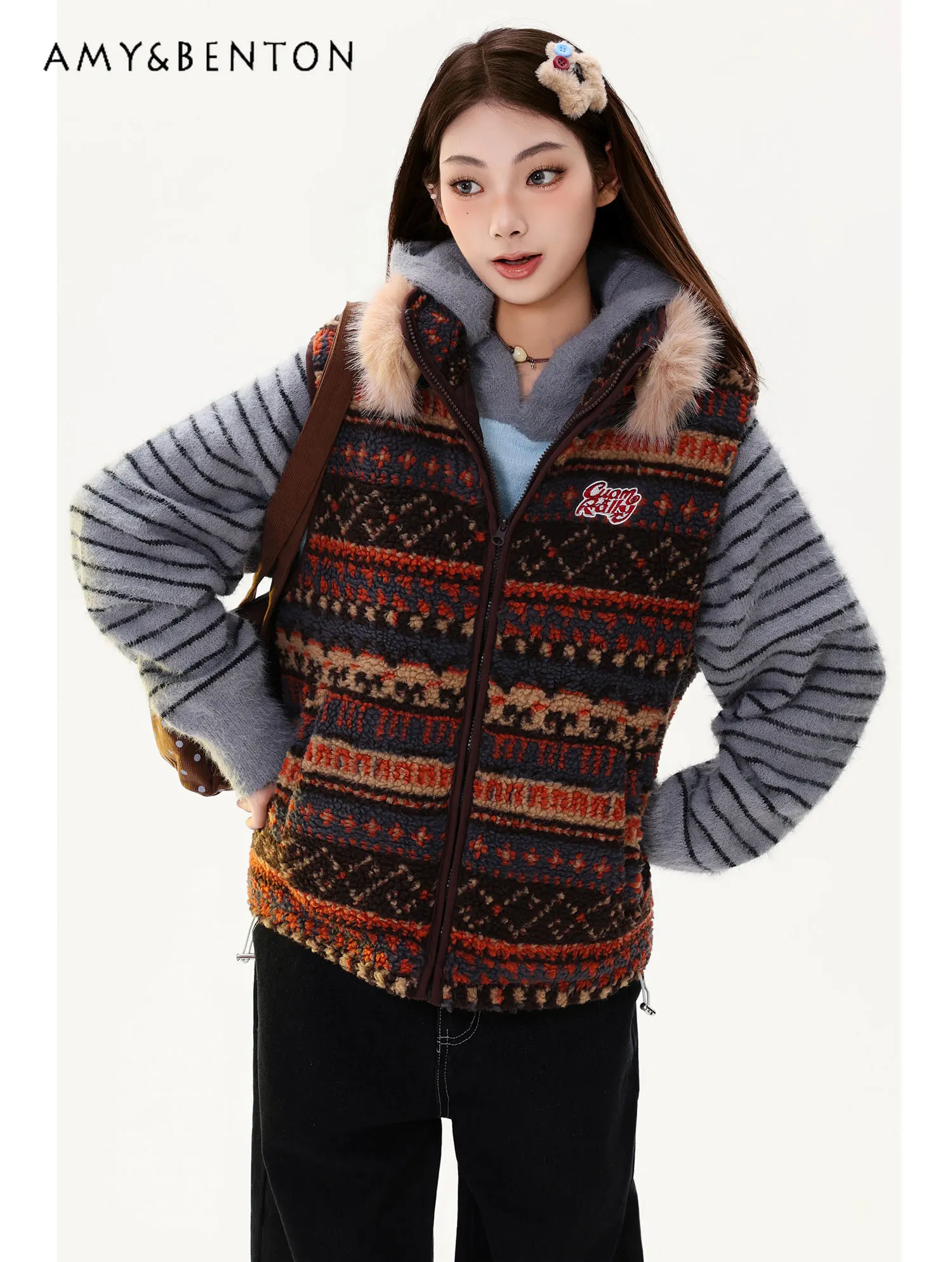 

Autumn Winter New Hot Sale American Retro Women's Patterned Fur Collar Blue Orange Black Faux Shearling Vest Jacket