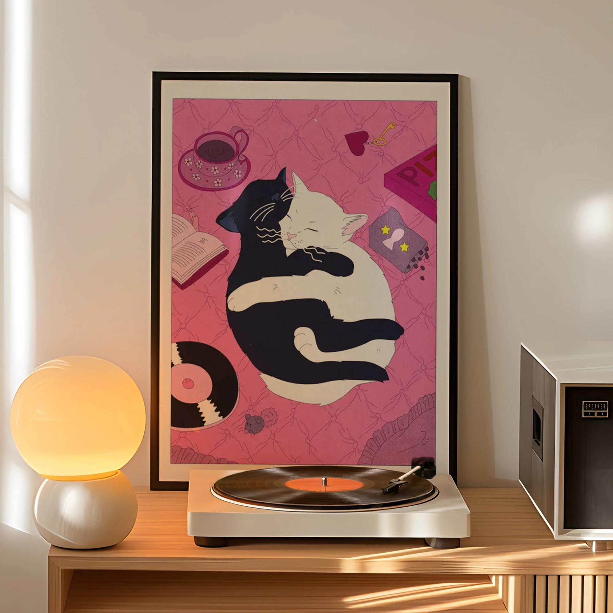 Modern Pink Background Cat Hugging Wall Art Print Canvas Painting Poster Picture For Living Room,Bedroom Home Decor