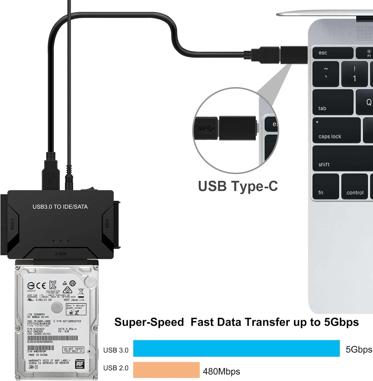 USB 3.0 to SATA IDE Adapter, Hard Drive Reader for 2.5 3.5 Inch HDD SSD CD DVD Optical Drive, SATA III Support with 12V Power