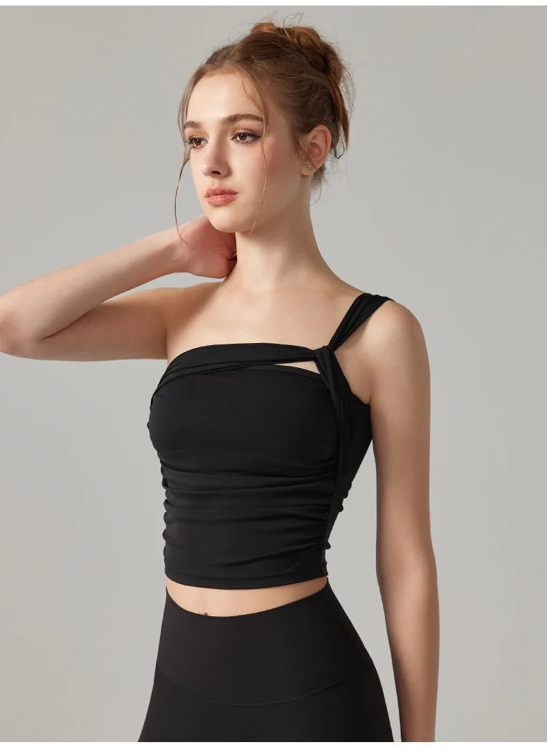 Ein-Schulter-Yoga-BH für Damen, stoßfeste, hochintensive Sportunterwäsche, feste Cups, Lauf-Fitness-Weste, Yoga-Bekleidung, Oberteil-Set – Detail 16