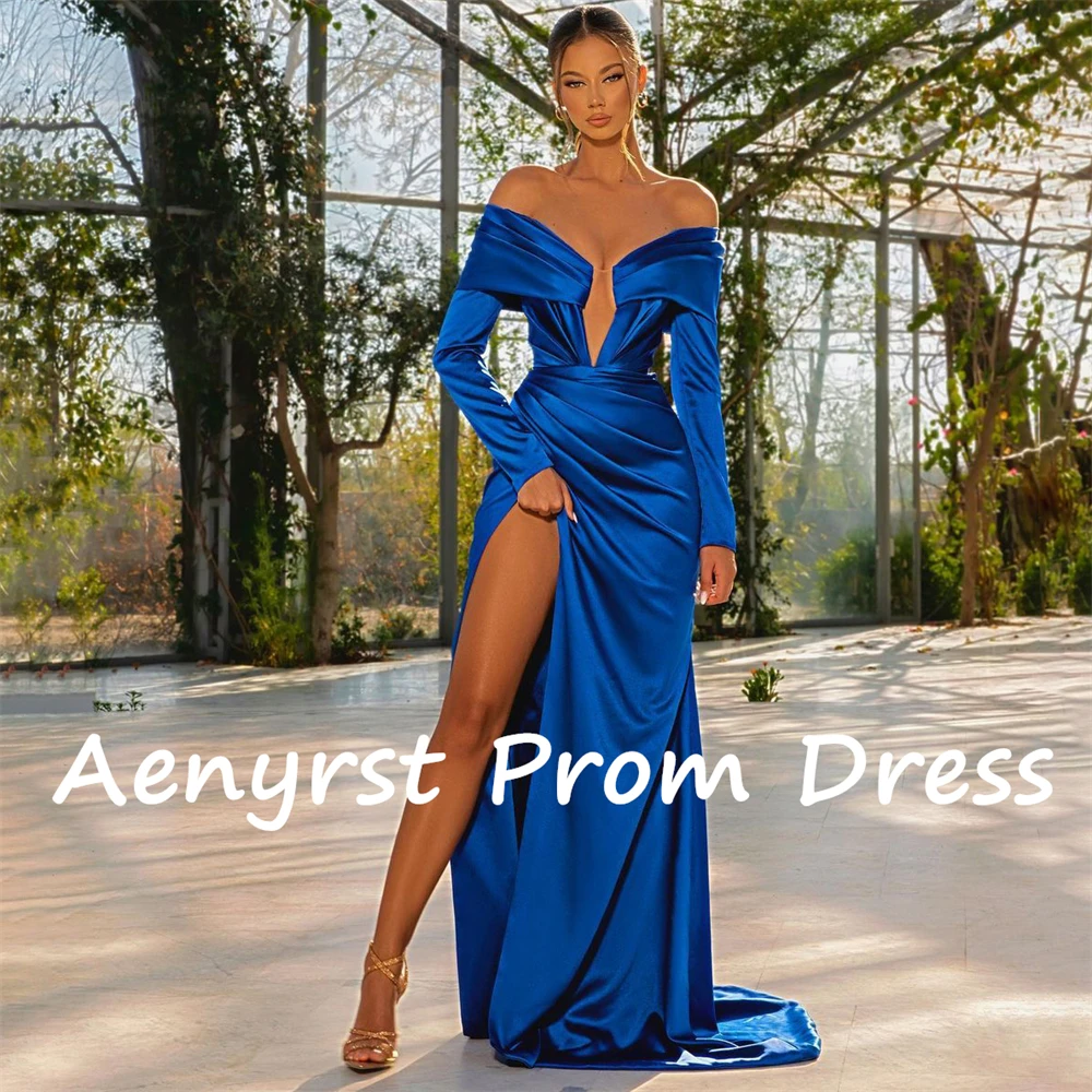 Aenyrst-Robe de Soirée Sexy en Satin, Col en V, Manches sulf, Sirène, Fente Haute, Bal, Quelle que soit la Longueur au Sol