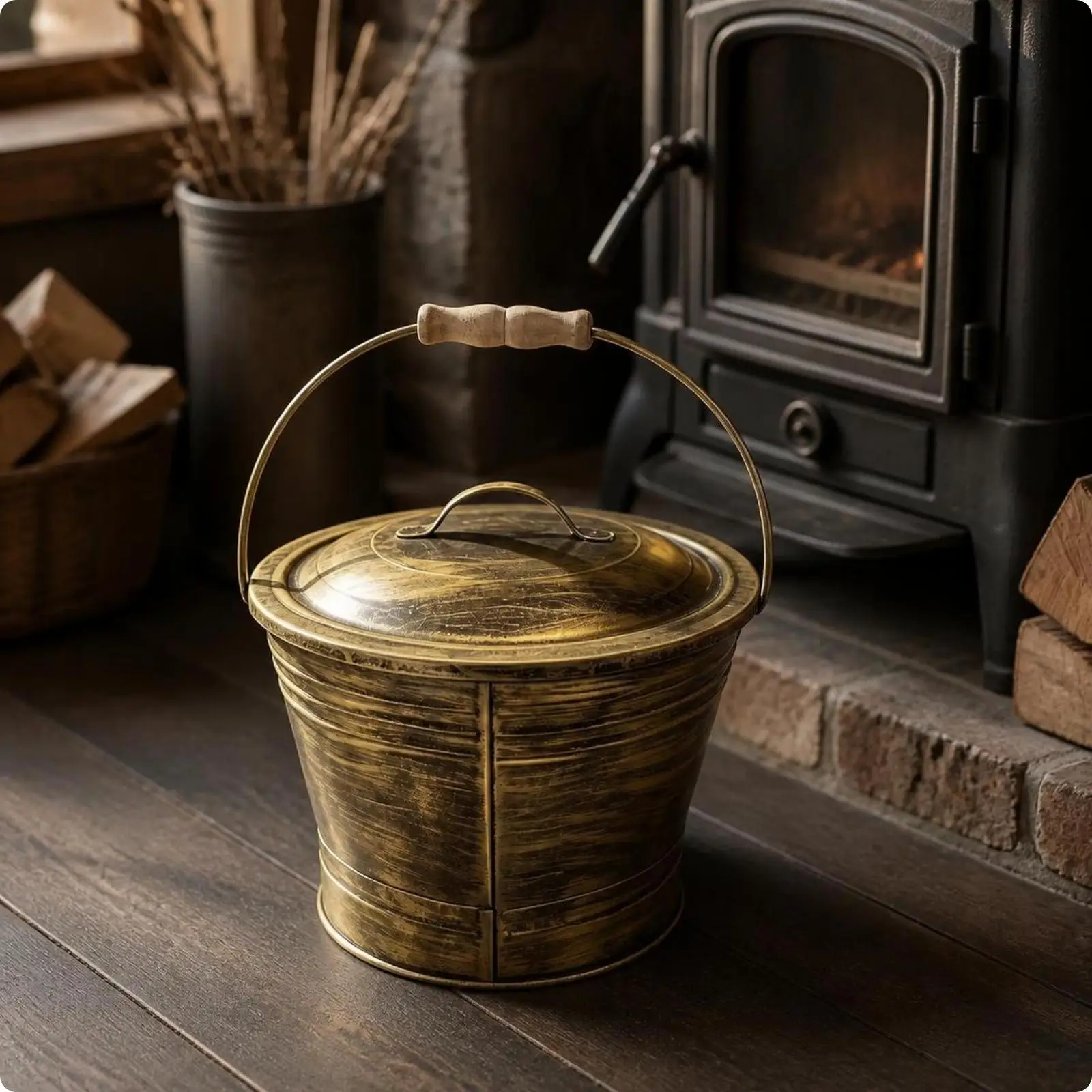Fireplace Ash Pail with Handle Antique copper Finish, Space-Saving Tapered Design, Ash Bucket with Lid, for Hearth