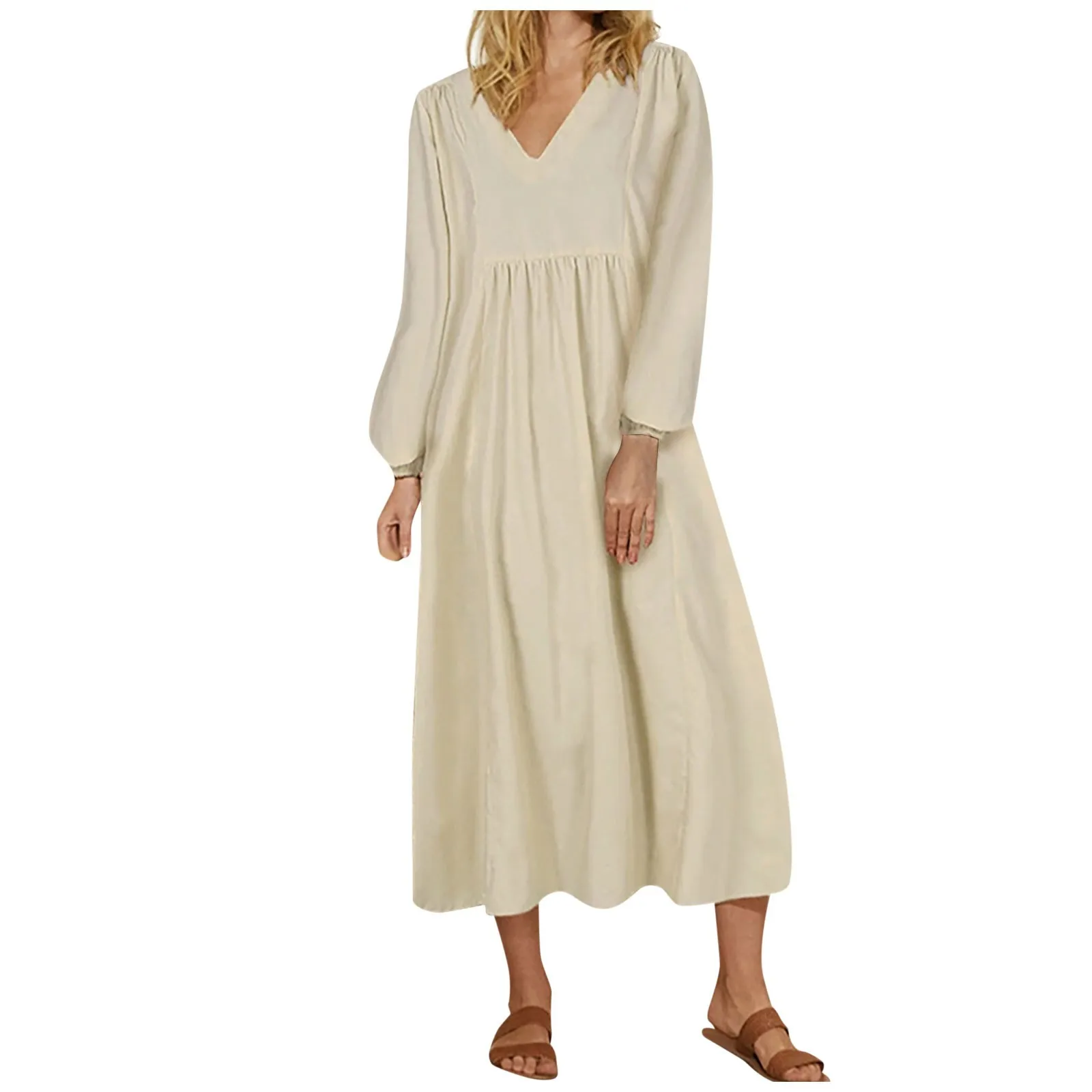 2024 High-quality Летнее платье Women\'s Summer And Autumn Minimalist V-neck Cotton Linen Loose Sleeves Long Sleeve Dress