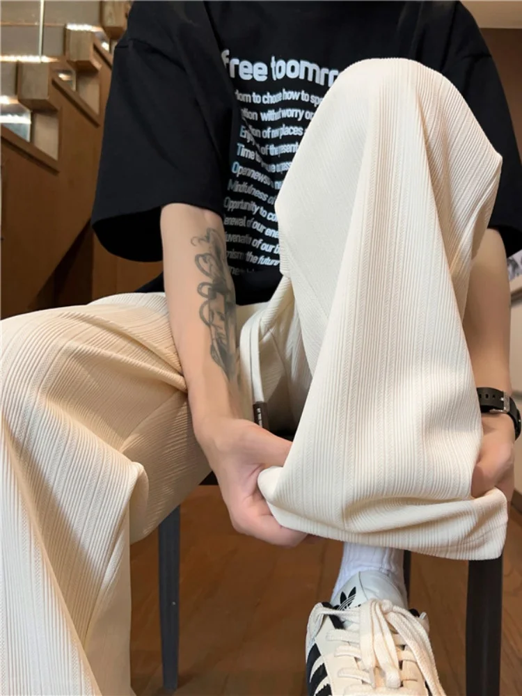 

Мужские летние тонкие брюки из текстурированного ледяного шелка с охлаждающим эффектом, свободного кроя, широкие, прямые, в пол, повседневные