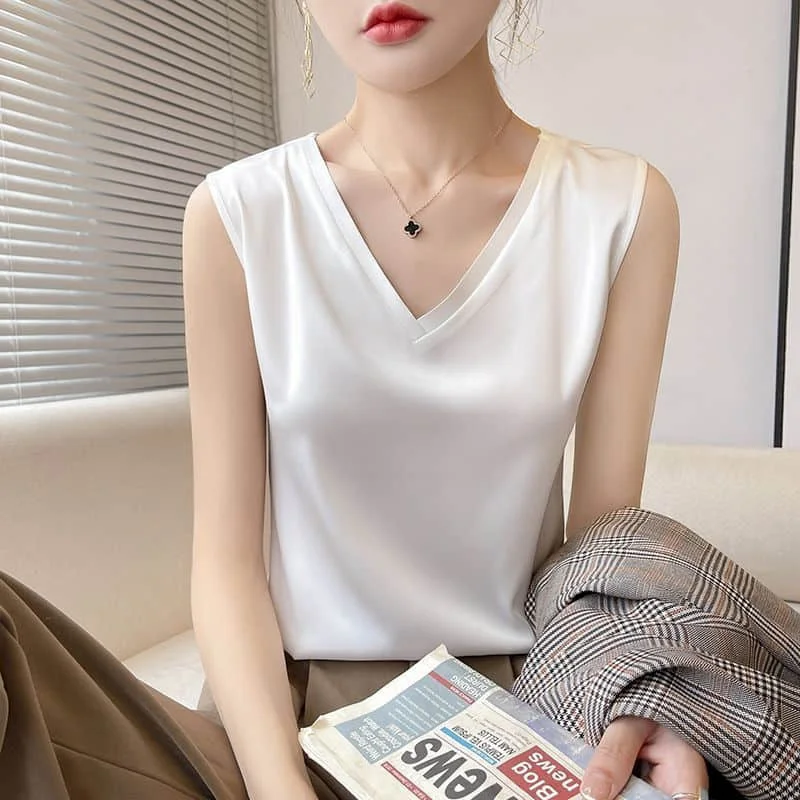 

Silk Vest for Women Summer Minimalism V-neck Vintage Solid Casual Sleeveless Tops Basic Korean Style Tight Tanks Women Clothing