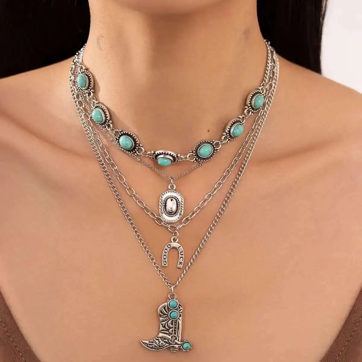 Ingemark 4Pcs/Set Ethnic Blue Stone Chain Necklace for Women 2025 New Trend Vintage Cowboy Hat Boots Pendant Choker Jewelry Gift