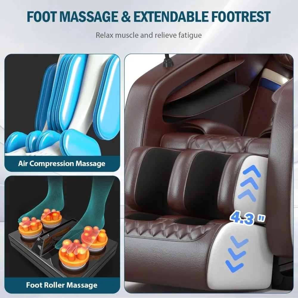 كرسي تدليك لكامل الجسم، كرسي تدليك بدون جاذبية مع ضغط هواء، 8 بكرات تدليك ثابتة، تسخين، أسطوانة قدم، 3