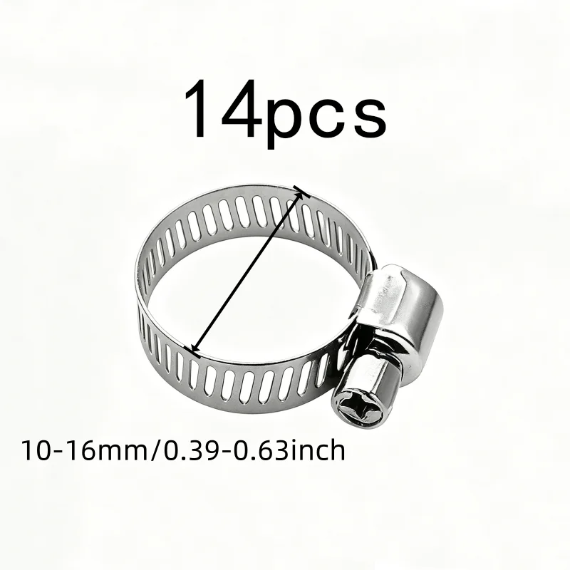 14 pcs 10-16mm Adjustable Worm Drive Clamps with Adjustable Tightening Range, Multipurpose, Versatile, Practical