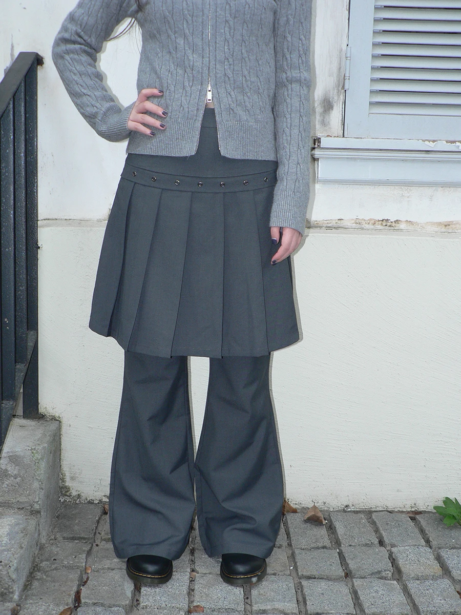 

Новинка: Комплект из юбки-пудл с высокой талией и брюк-клеш в корейском уличном стиле, имитация двух предметов, женские брюки с металлическим эффектом.