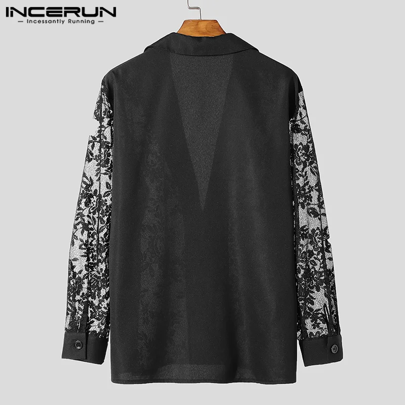 INCERUN Handsome Mens Tops Sexy See-through Lace Patchwork Suit Coats Leisure Male All-match Thin Long Sleeved Blazer S-5XL 2024