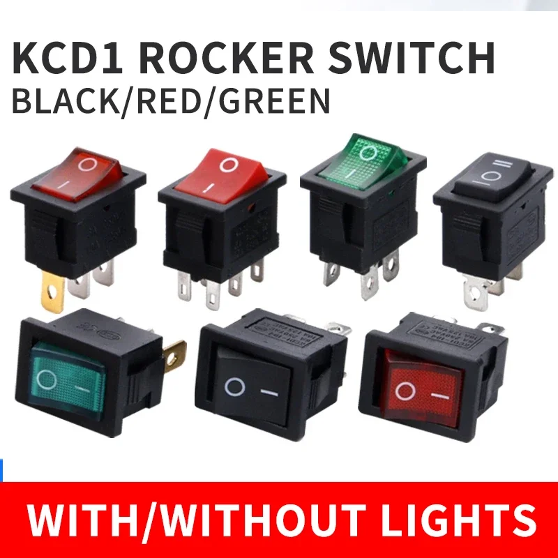 

100pcs KCD1 4Pin 2Pin 3Pin 21*15mm ON-OFF Black Boat Car Rocker Switch 6A/250V 10A/125V AC With Red Green Light Switch