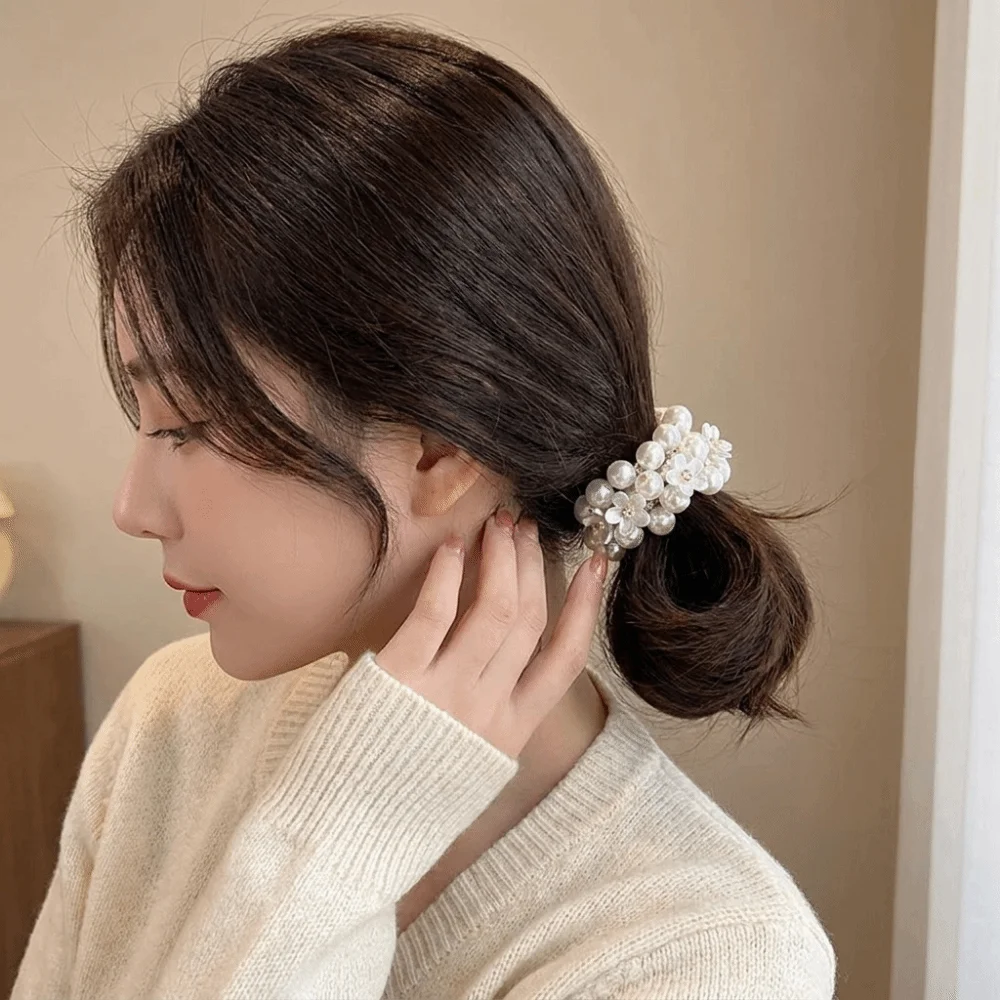 New Sweet Faux Pearl Hair Ties Beaded Hand-Woven Hair Accessories 2 in 1 Elegant Ponytail Holders Girls