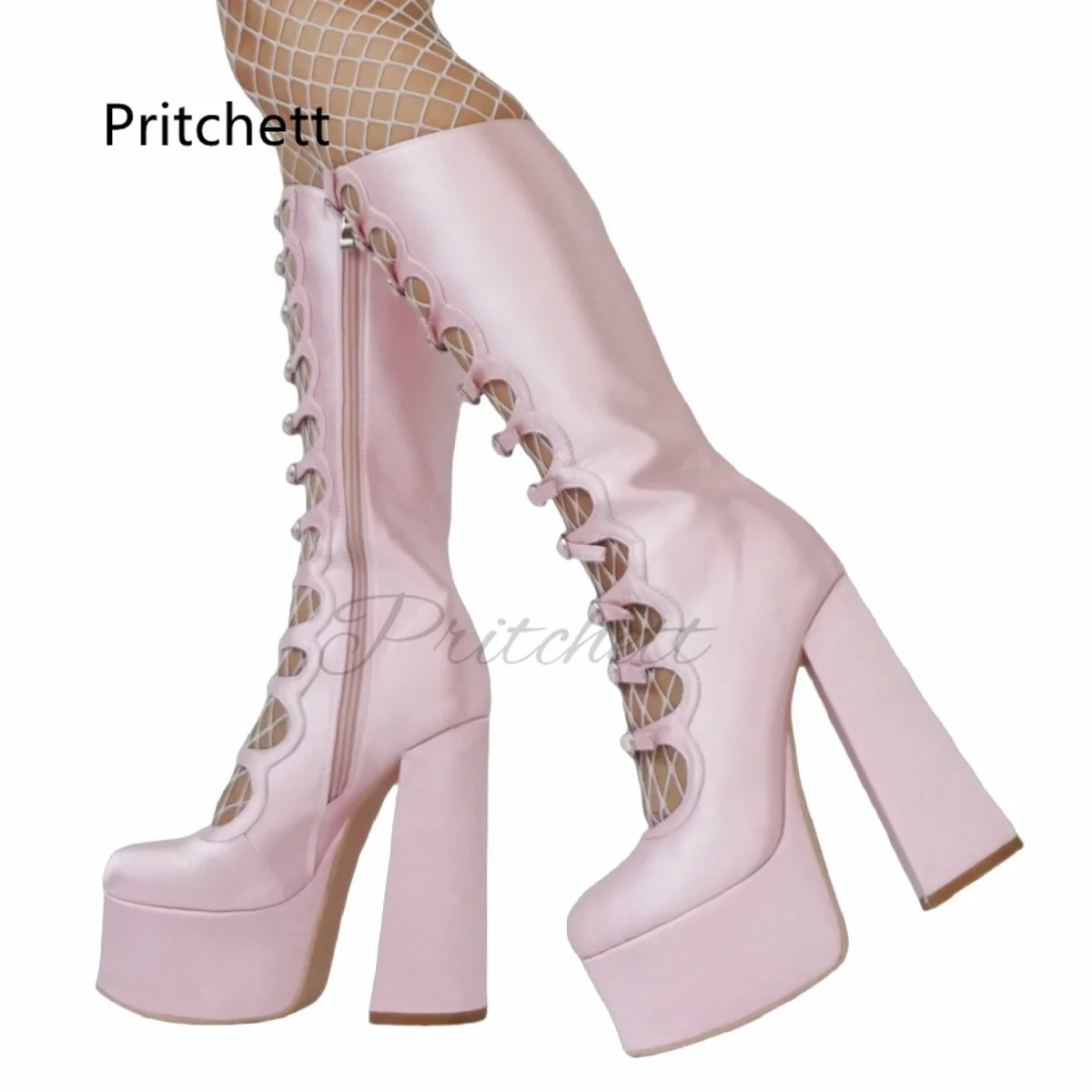 

Pink Hollow Mid-Calf Boots for Women Round Toe Platform Satin Chunky Heels Multi Buckle Straps Booties Ladies Sexy Punk Shoes