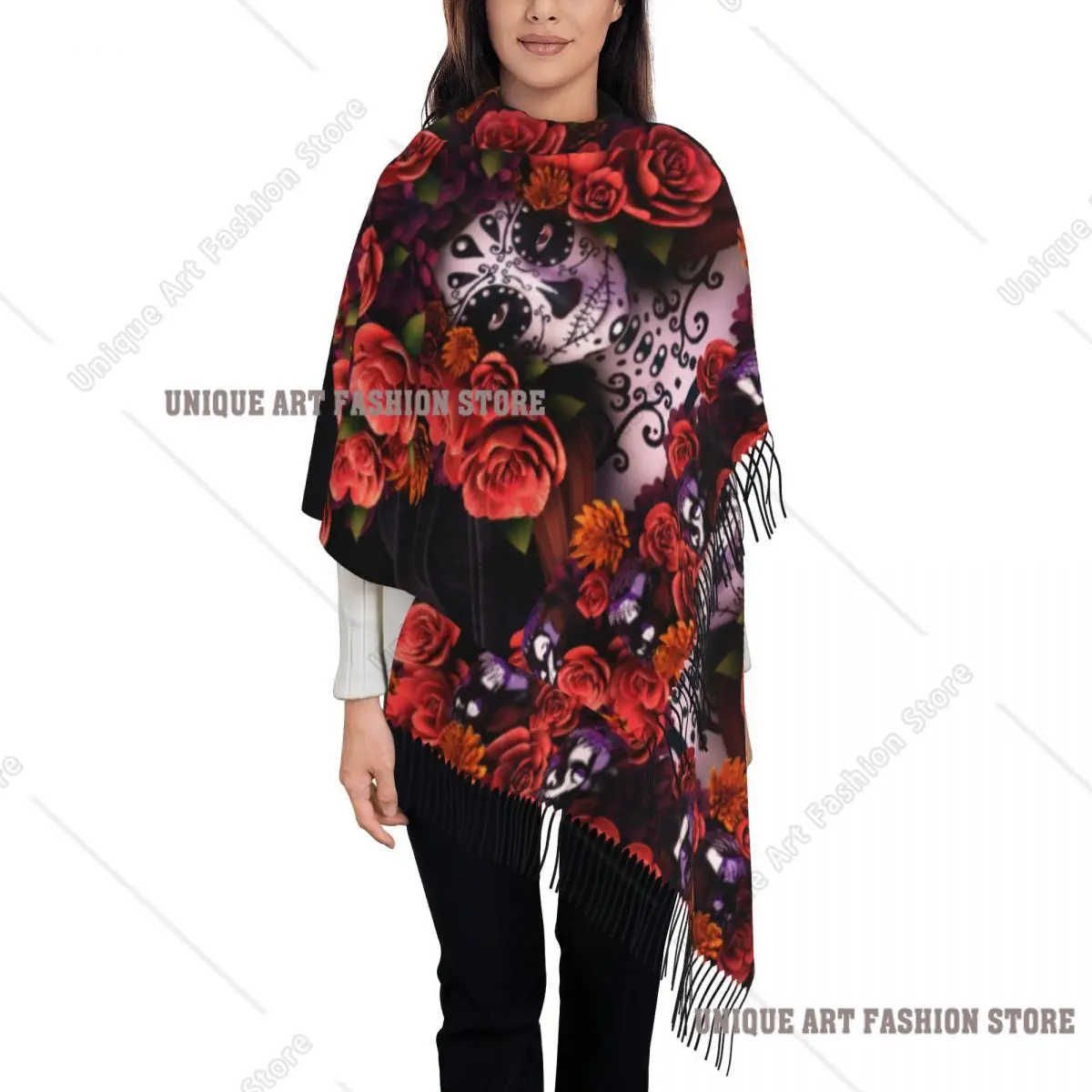 Custom Halloween Sugar Skull Scarf Wrap Women Long Winter Warm Tassel Shawl Unisex Day Of The Dead Mexican Lady Scarves