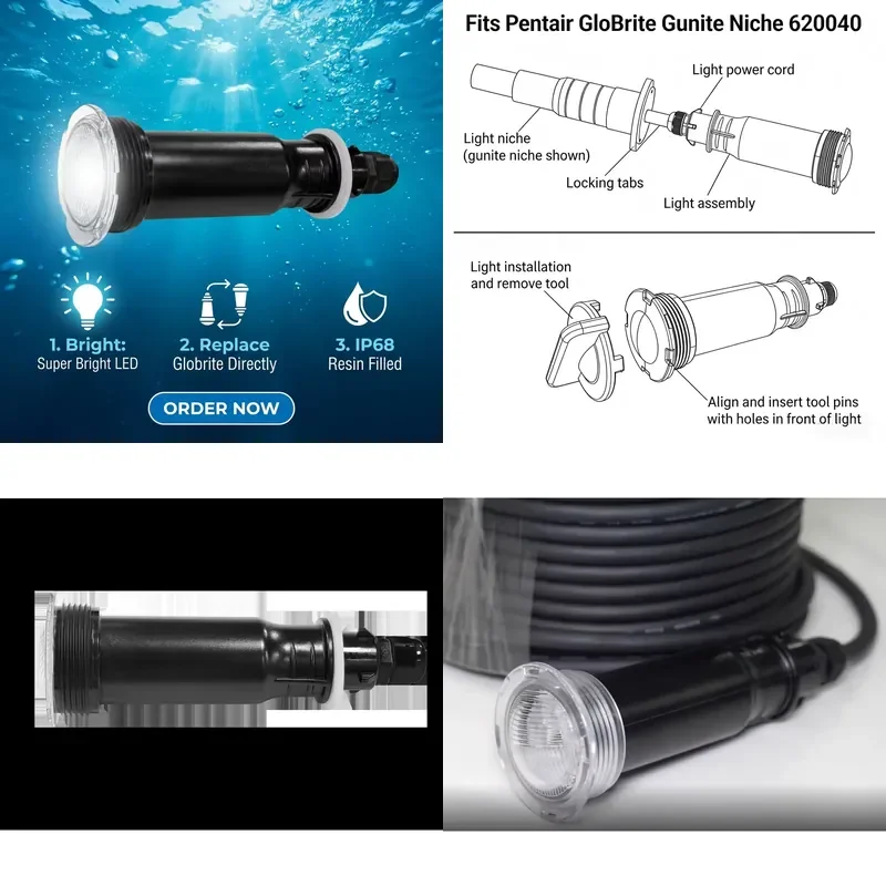Refined 1.5 Inch RGBW LED Pool Light 12W Multi Color Direct Replacement for Pentair Globrite 50FT/100FT Cable Pool Light