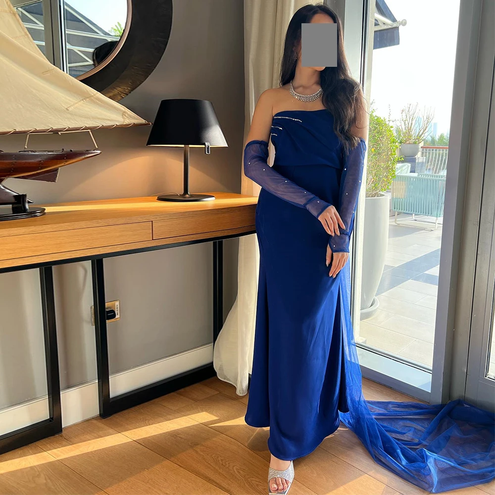 

Modern Detachable Sleeves Jersey Evening Dress Sexy Strapless Straight Blue Prom Gowns Saudi Arabia Formal Occasion Dresses