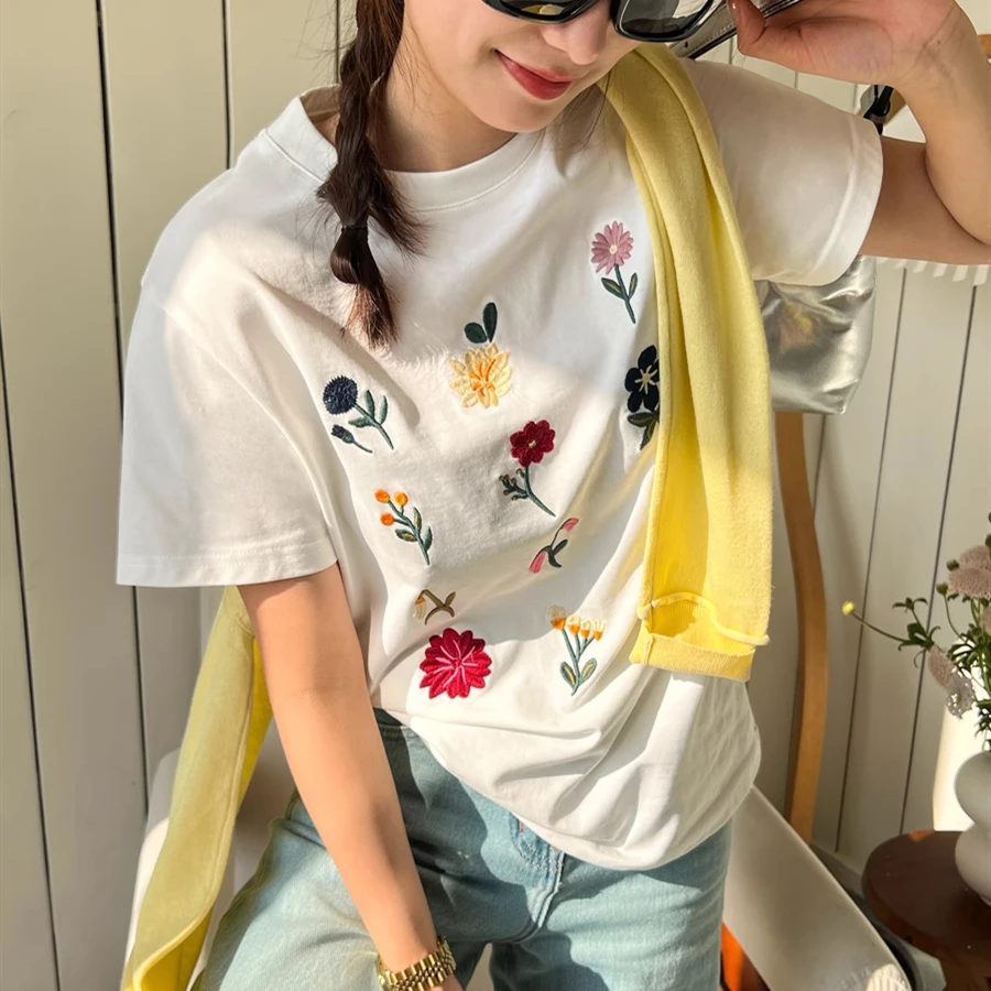 Korean Lovely Embroidery Floral Shirts for Women Pure Cotton White Loose Elegant Y2K Tops Summer Fashion Streetwear Flower Tees