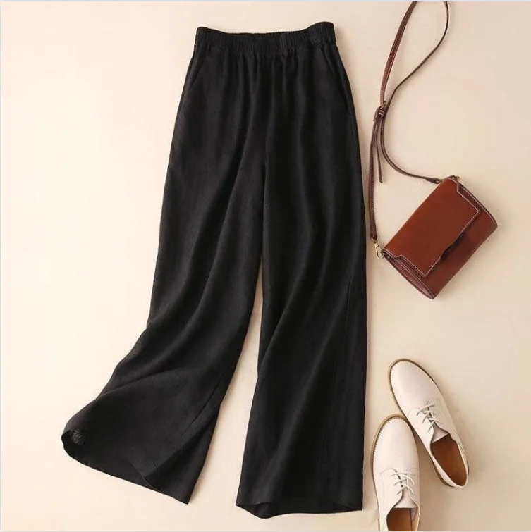 

Women Cotton Linen Wide Leg Pants Female Summer Pants Full Length Casual Pants Fashion Solid Loose High Waist Straight Trousers