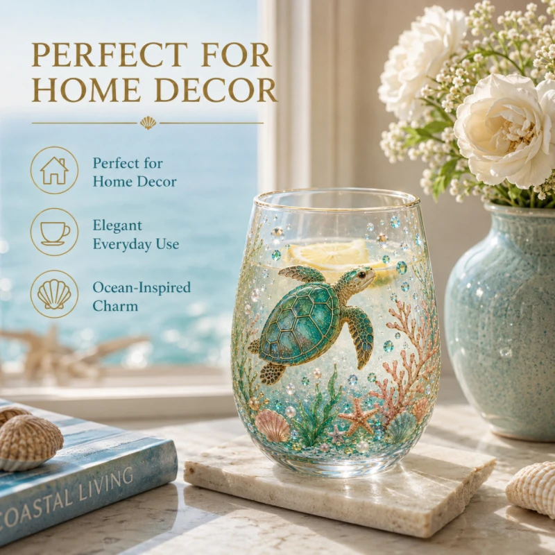 nautical turtle pattern glass, cute marine animal printed water cup, special kitchenware gifts for beach lovers,  decorations