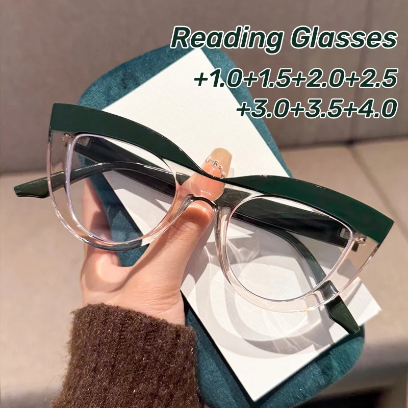 Retro Colour Blocking Cat Eye Presbyopia Glasses Fashion Large Frame HD Anti Blue Light Reading Glasses Women Men's Glasses