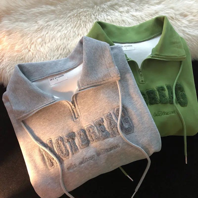 Green Vintage Zipper Draw String American Hiphop Sweatshirt Women Long Sleeve Pullover New Spring Loose Ins Thin High Street Top