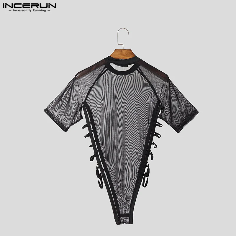 INCERUN الرجال داخلية الجوف خارج بلون شبكة انظر من خلال Playsuits الذكور السروال القصير مثير الدانتيل يصل ملابس بأكمام قصيرة ارتداءها