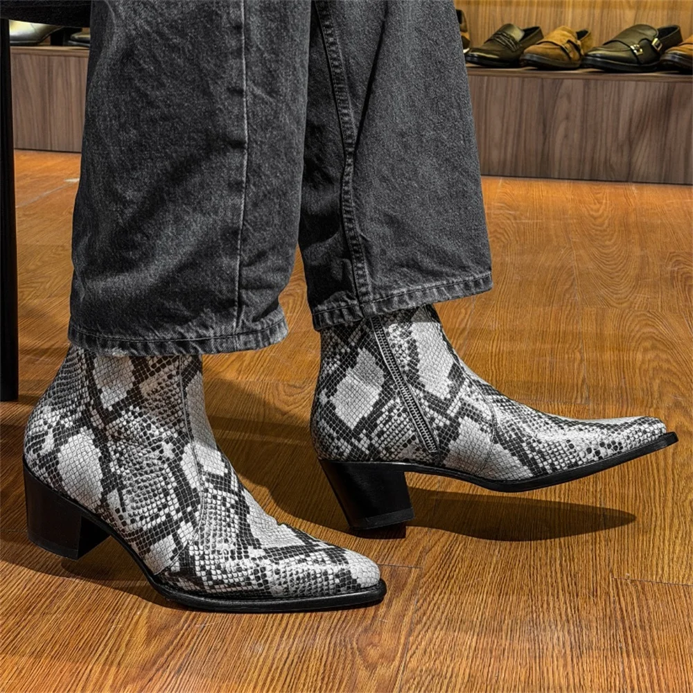 Luxury Snake Print Leather Men Ankle Boot Pointed Toe Fashion Casual Handmade Motorcycle Boots Party Dress Western Chelsea Boot
