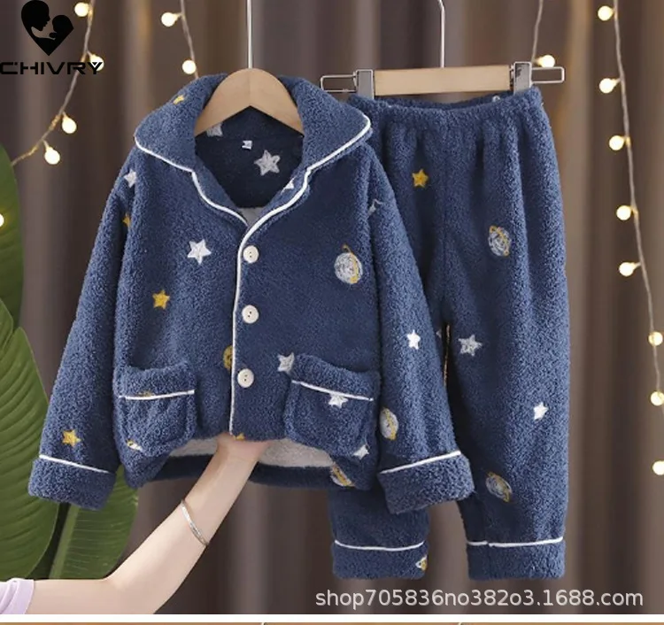 Neue Herbst Winter Kinder Flanell Pyjamas Cartoon Revers Verdicken Tops mit Hosen Baby Jungen Mädchen Nachtwäsche Pyjamas Sets Hause Tragen