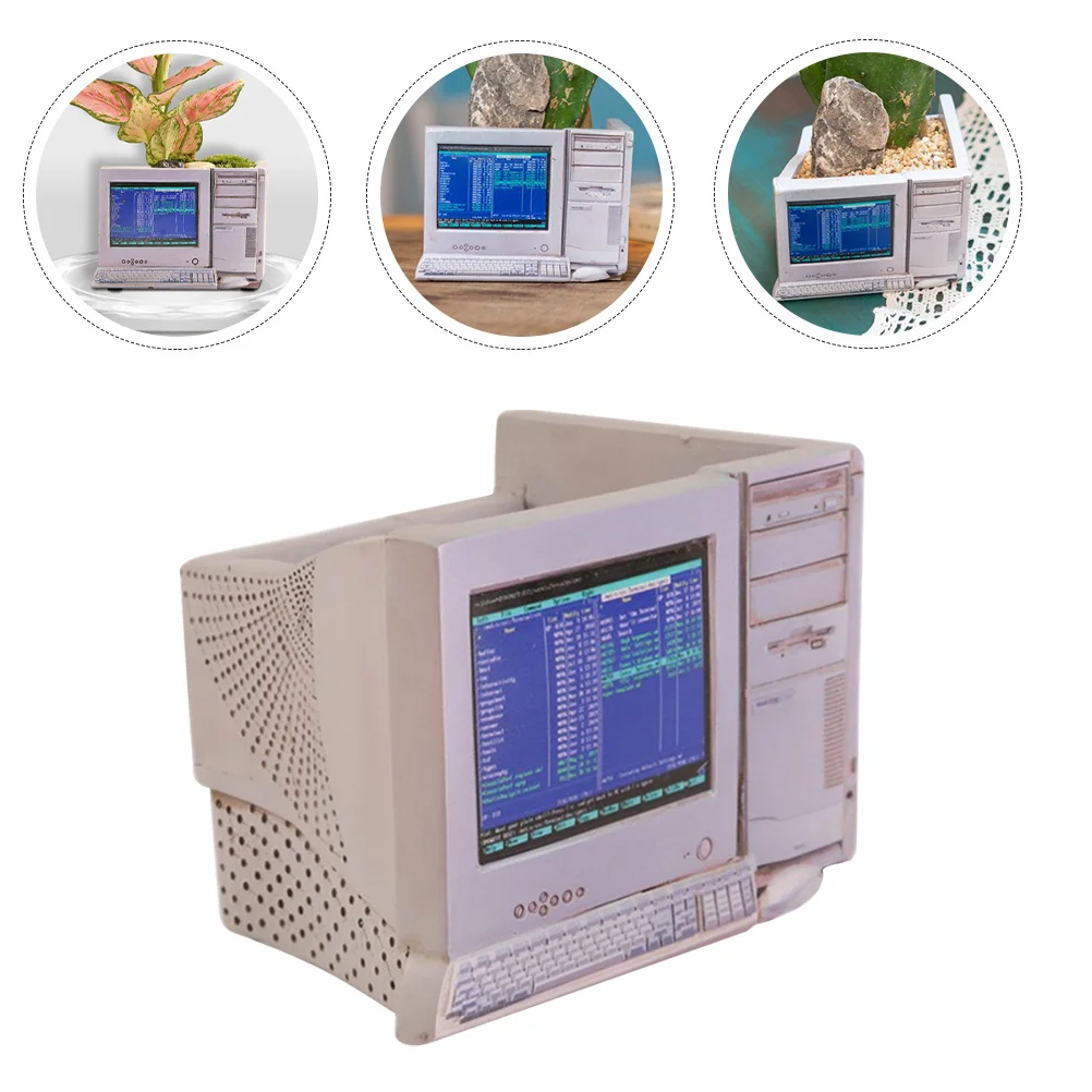 

Retro Computer Style Flowerpot Light Grey Resin Craft For Desktop Decor Indoor Plants Pot Cactus Holder Succulent Planter Home