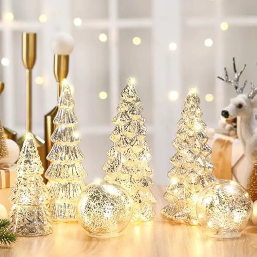 Figurita iluminada de árbol de Navidad de cristal de mercurio plateado de 6 uds con globo de cristal agrietado para decoración navideña, centro de mesa de fiesta en casa, regalo