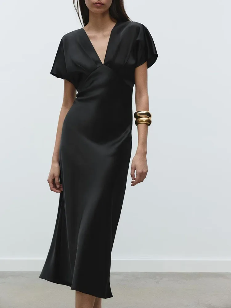 春の新作 レディース ワンピース エレガント シルクサテン 半袖 Vネック ミディアム丈 Aライン ガウン ハイウエスト ロングスカート ワンピース