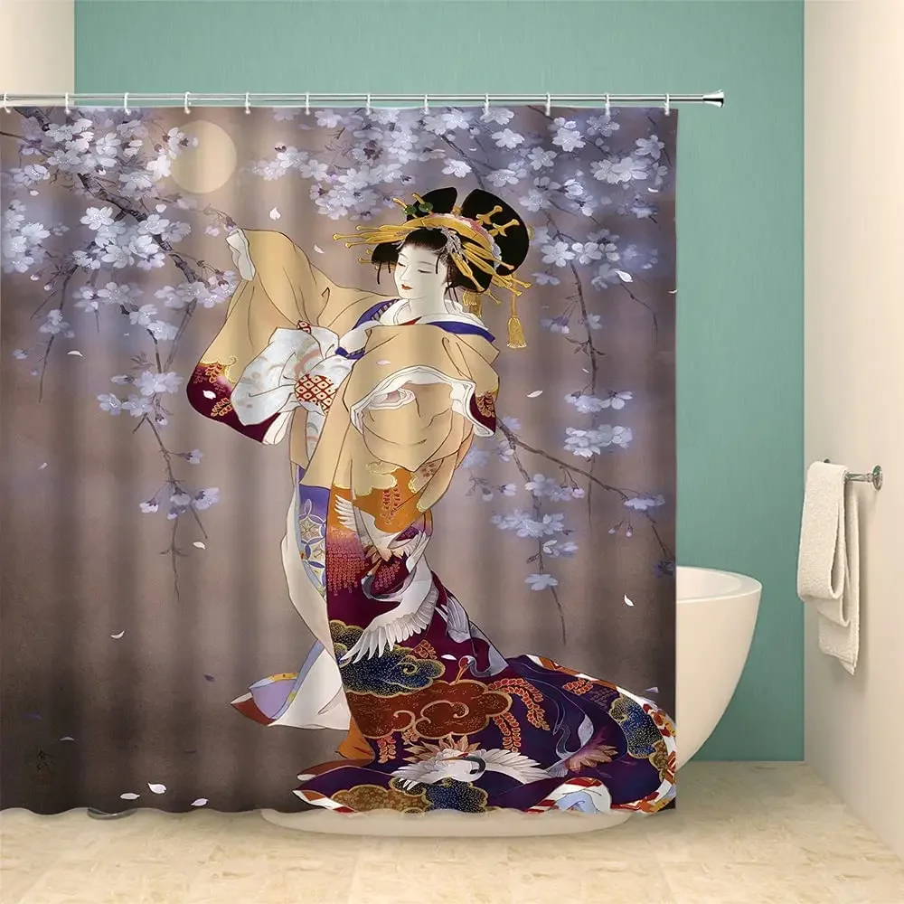 Japanese Shower Curtains Cherry Blossoms Moon Japan Cherry Blossoms Girl Asian Spring Vintage Painting Fabric Bathroom Decor Set