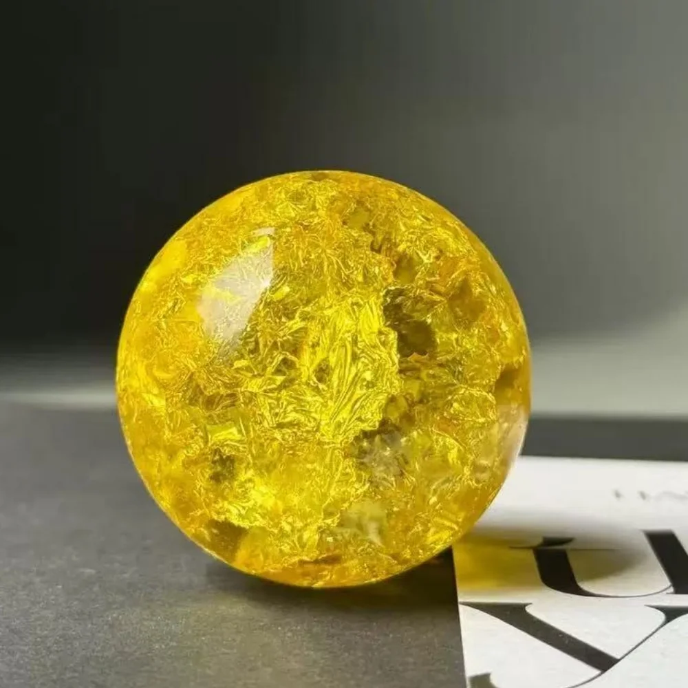 Yellow Ice Crackle Sphere with a Metal Stand Light Reflecting of a Kind Ice Crystal Glass Ball And Gifts Father'S Day