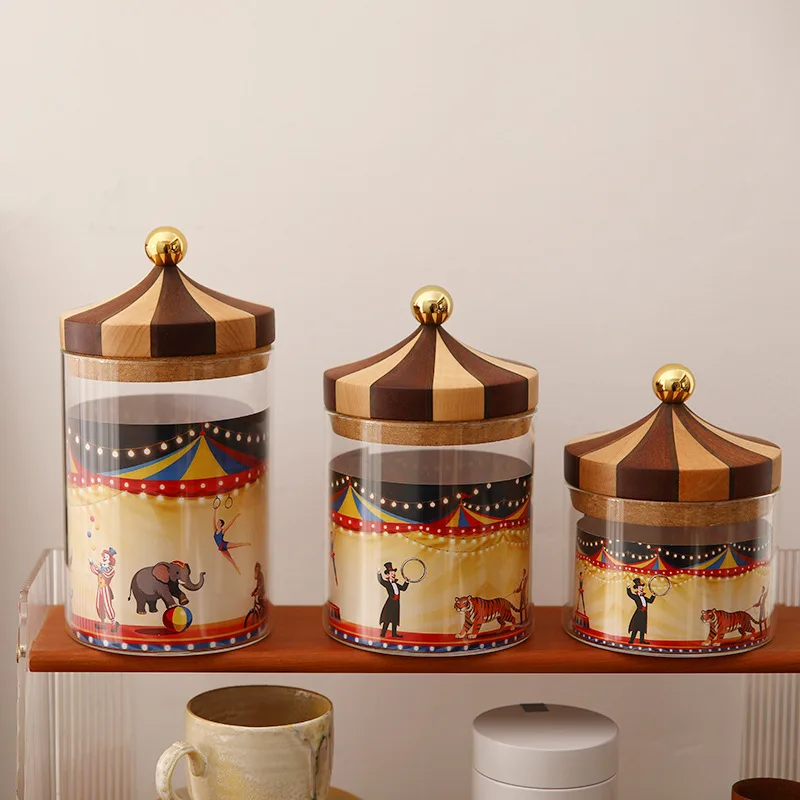 Circus solid wood cover glass sealed storage tank coffee tea candy grain