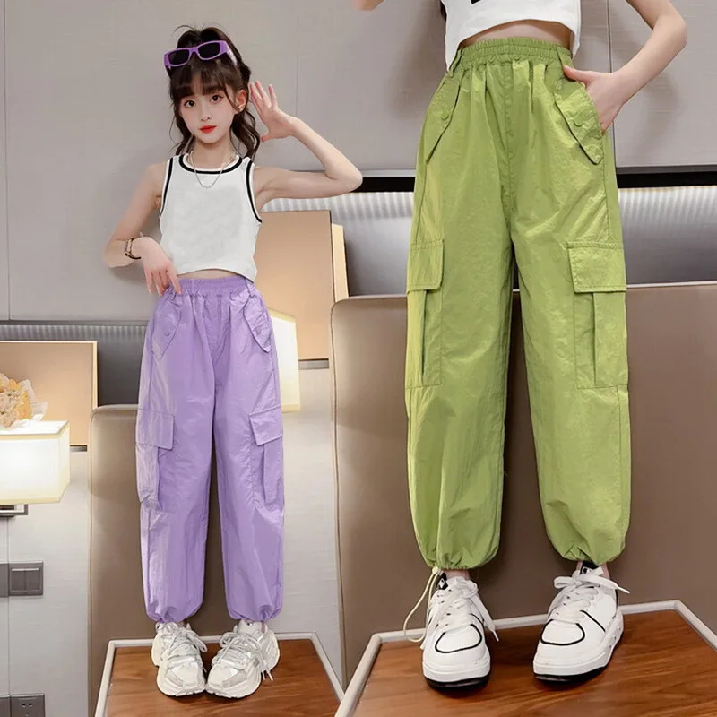 Girls Cargo Trousers Spring Fashion Teen Oversize Pants With Belt Pockets Harajuku Vintage Loose Straight Summer Kids Clothes