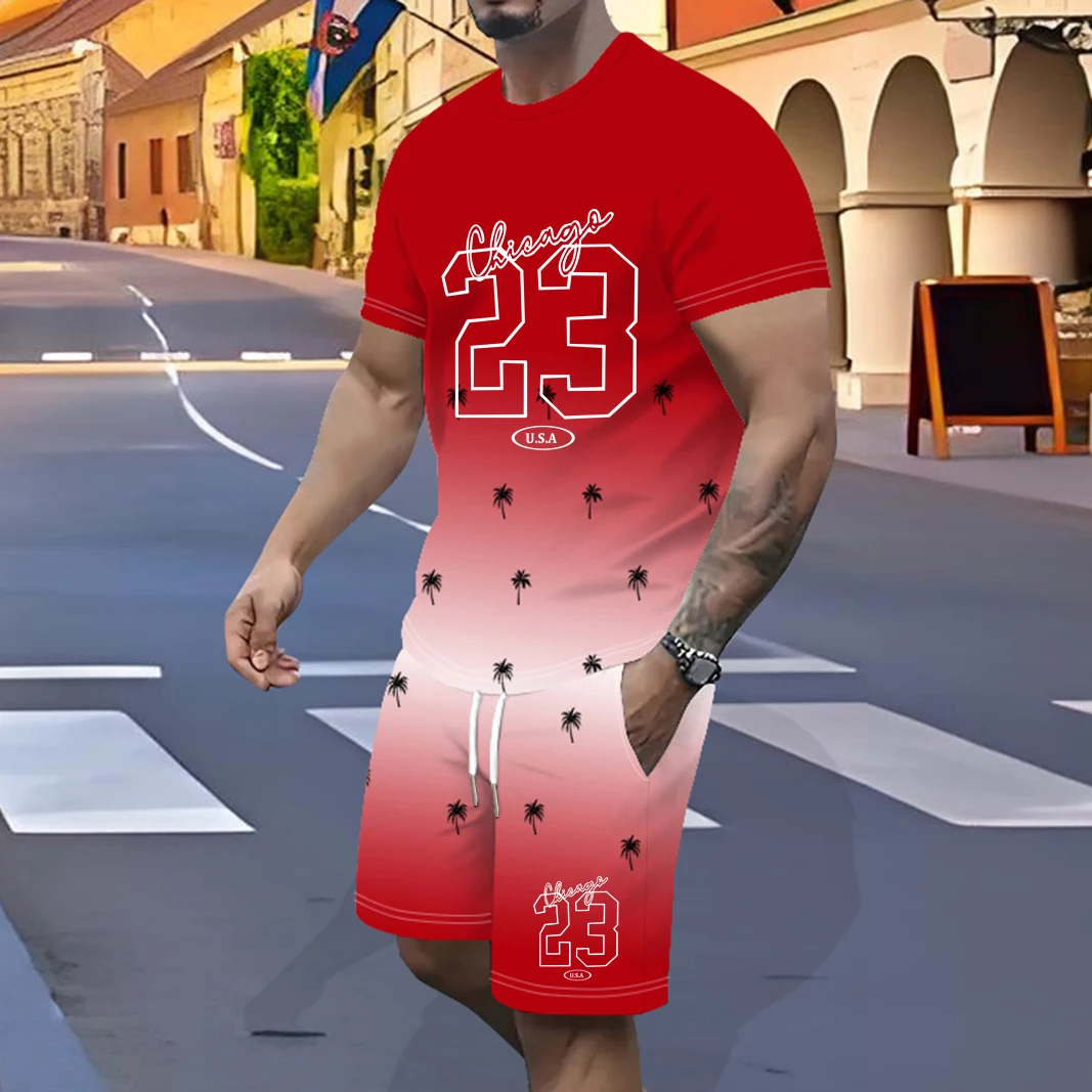 

New men's sports suit, polyester fiber quick drying 3D printing gradual change sleeve elastic waist casual style