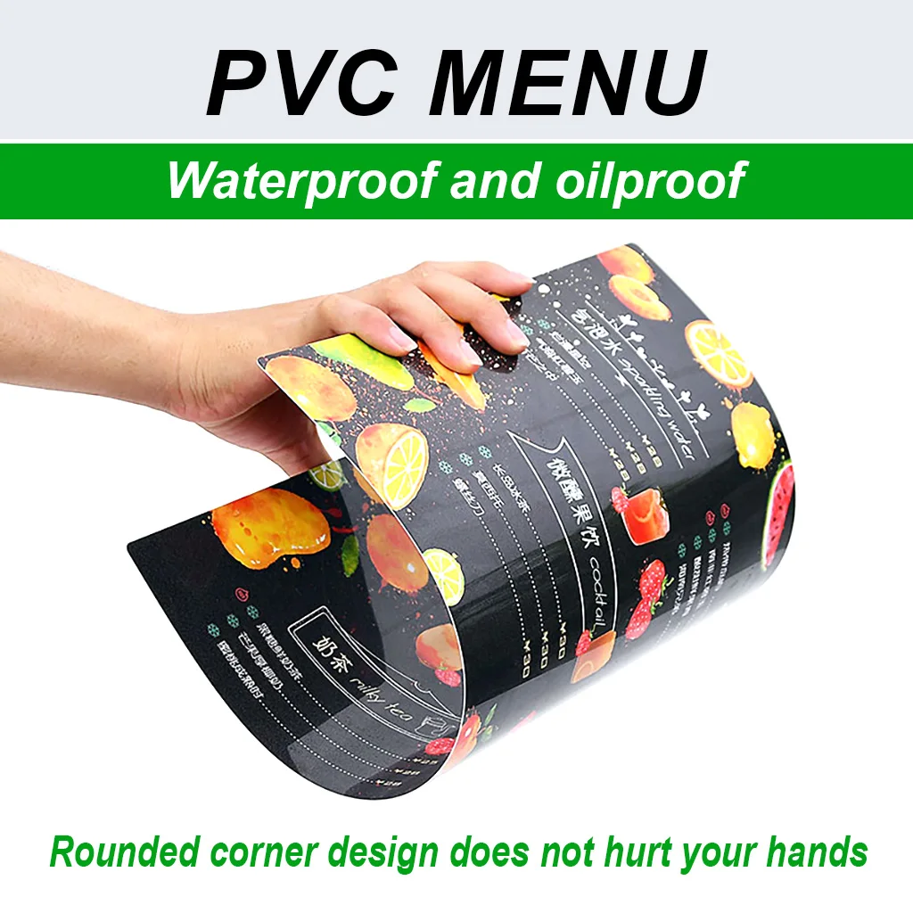 

Пользовательское меню, напитки, меню, перекуски, кофейные спички и цитаты из батончиков изготовлены из маслостойкого и водонепроницаемого глянцевого ПВХ.