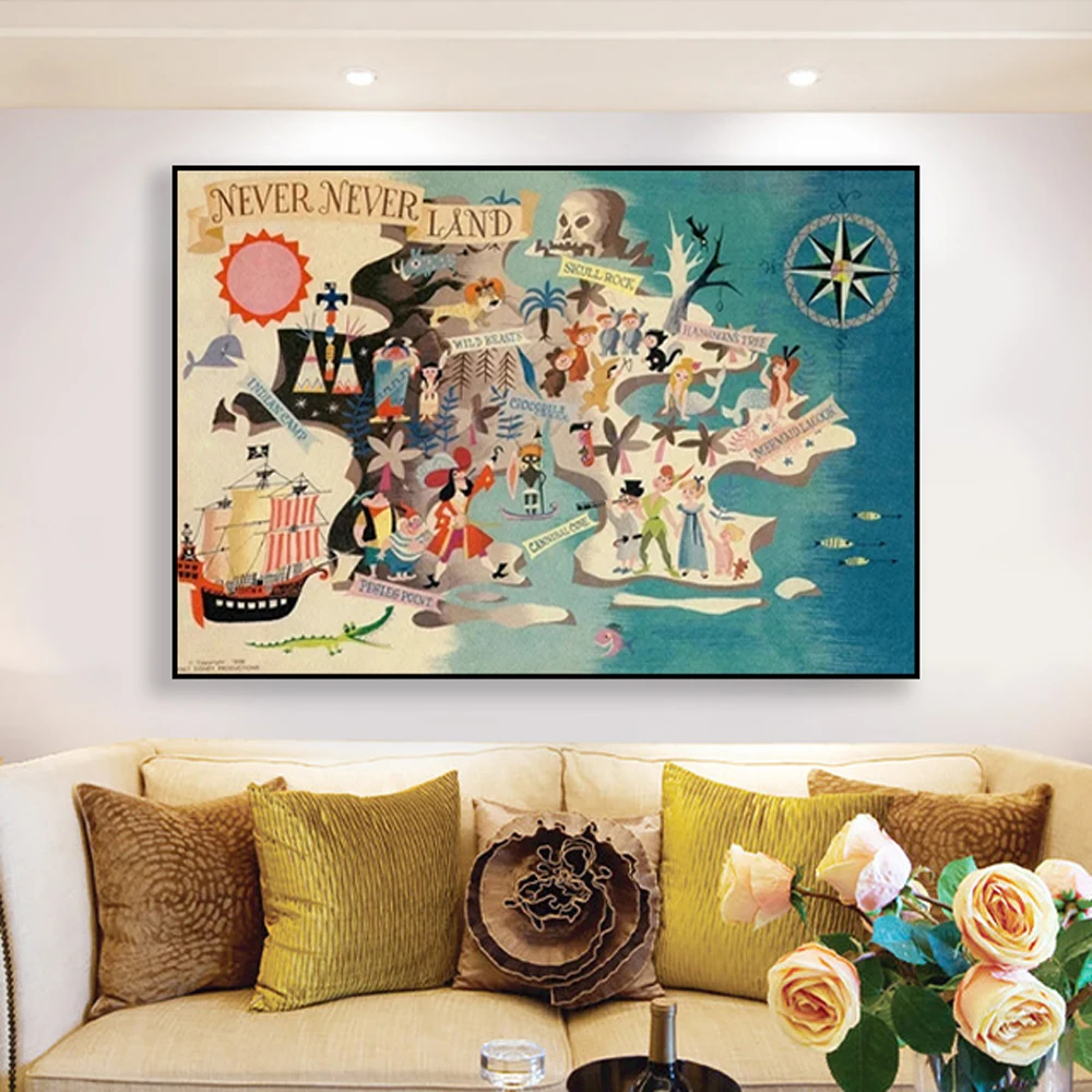 

Disney Poster Peter Pan World Neverland Map Canvas Painting Wall Art Prints Kids Bedroom Nursery Home and Living Room Decor Gift