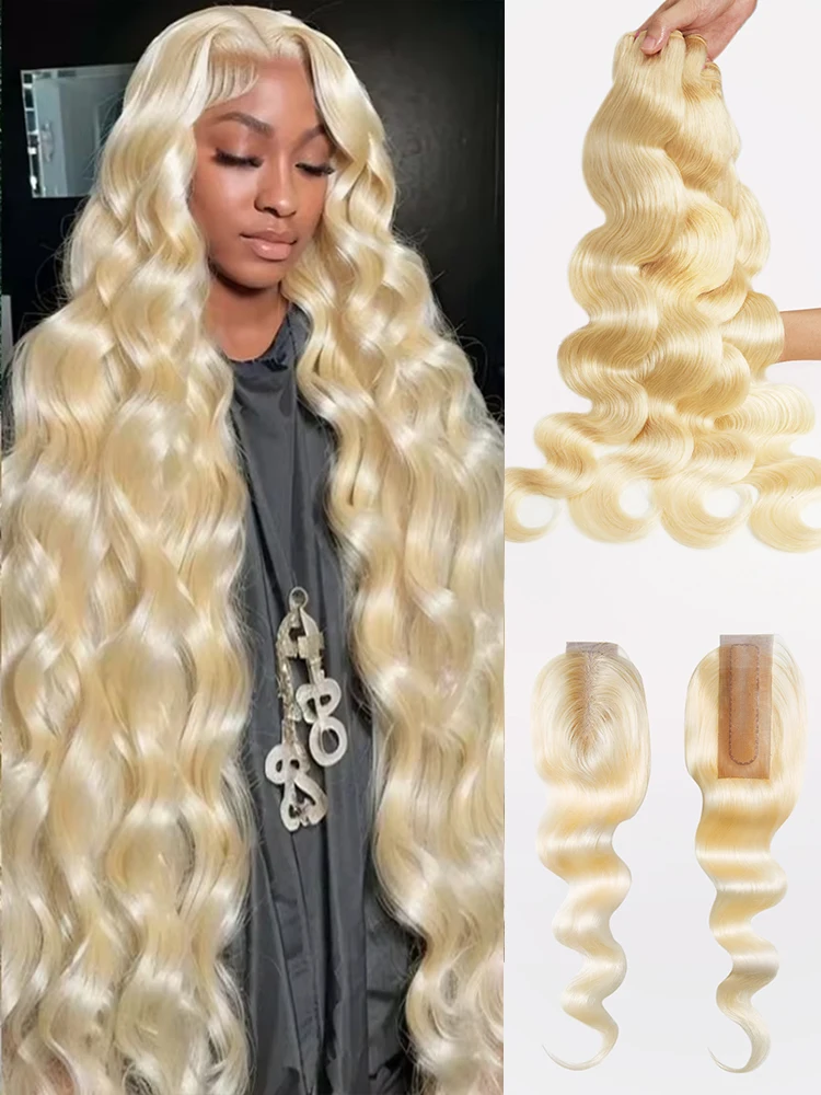 613 Blonde Colored Body Wave Human Hair Bundles Brazilian Virgin Remy Hair Weave Bundles With Closure Frontal Hair Extensions