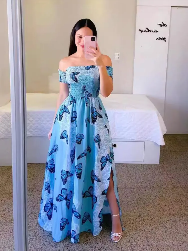 Elegant Women\'s Off Shoulder Midi Dress 2024 Summer Fashion Dresses High Waist Flower Print Short Sleeve Vestidos Robe Clothing