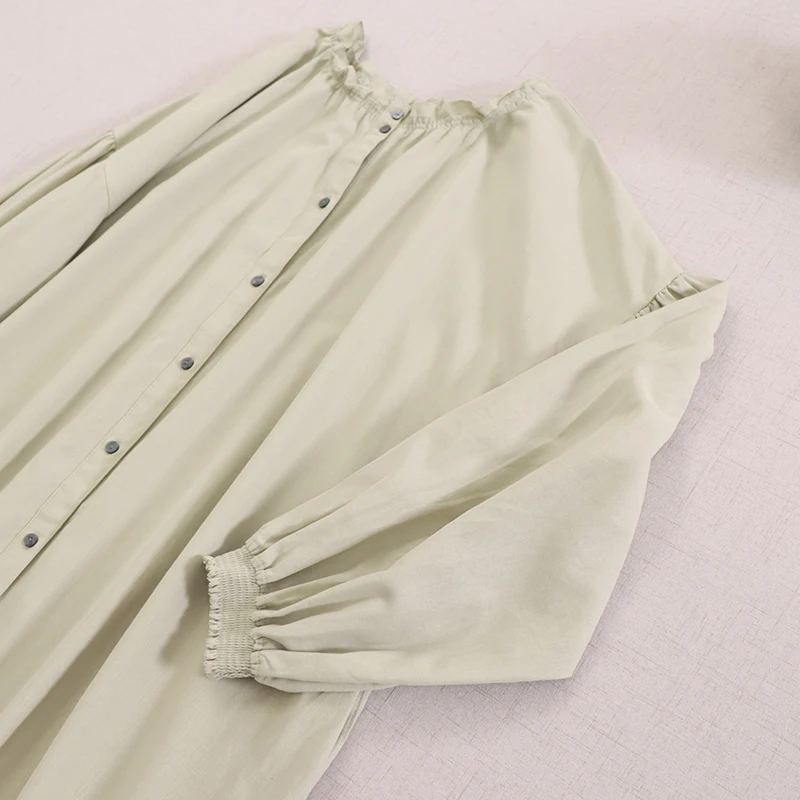 สไตล์ญี่ปุ่น Mori สาวสีทึบเดี่ยว Breasted Robe เสื้อผู้หญิงฤดูใบไม้ผลิฤดูร้อนใหม่แขนยาวลําลองหลวมชุด Midi