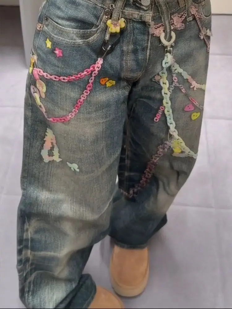 

Винтажные мешковатые джинсы в стиле панк в стиле хип-поп с граффити Y2K, женские осенние уличные брюки 2023, эстетические джинсовые брюки в стиле Харадзюку 2000-х годов, брюки в стиле гранж