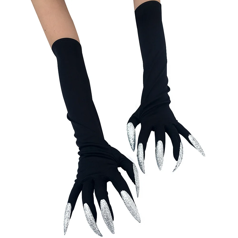 

Halloween Makeup Party Witch Silver Nail Demon Paw Gloves Cosplay Black Satin Stage Performance Women Gothic Long Nails Mittens